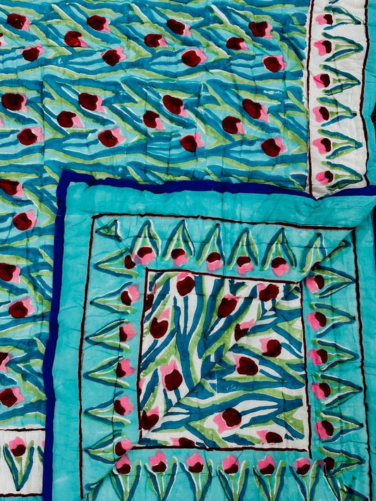 Skyblue Carnitian Hand Block Print Reversible Quilt