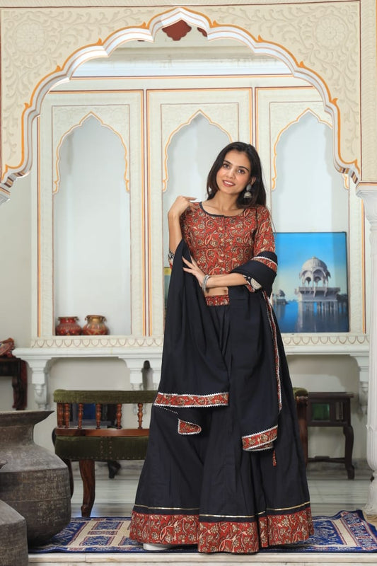 Bagru Handblock Printed CHANIYA CHOLI CROP TOP AND SKIRT WITH MULMUL DUPATTA