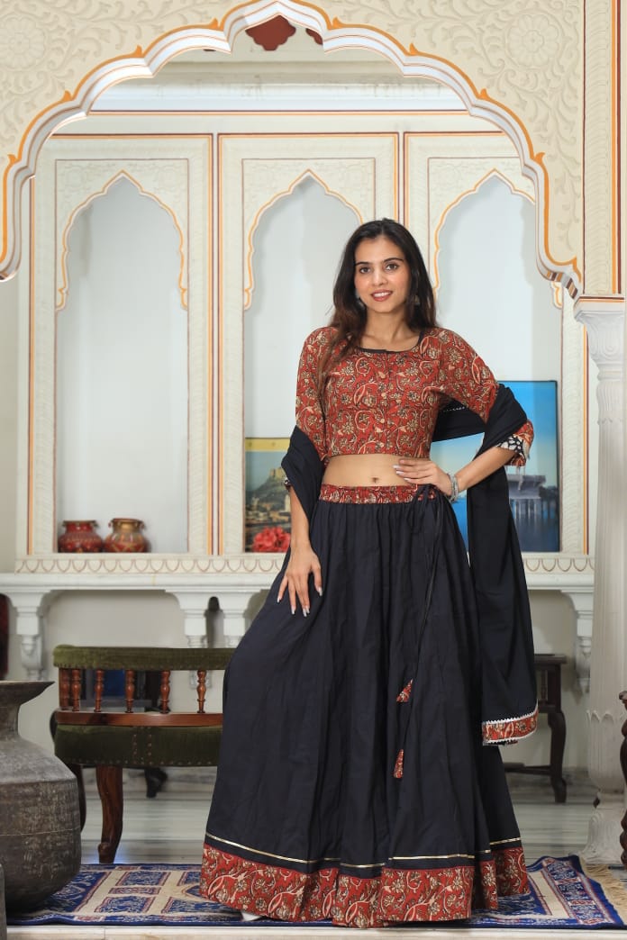 Bagru Handblock Printed CHANIYA CHOLI CROP TOP AND SKIRT WITH MULMUL DUPATTA