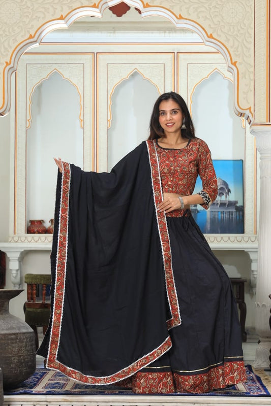 Bagru Handblock Printed CHANIYA CHOLI CROP TOP AND SKIRT WITH MULMUL DUPATTA