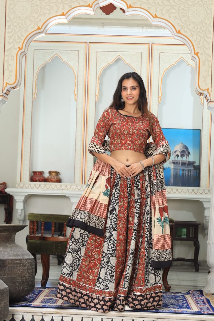 Bagru Handblock Printed CHANIYA CHOLI CROP TOP AND SKIRT WITH MULMUL DUPATTA