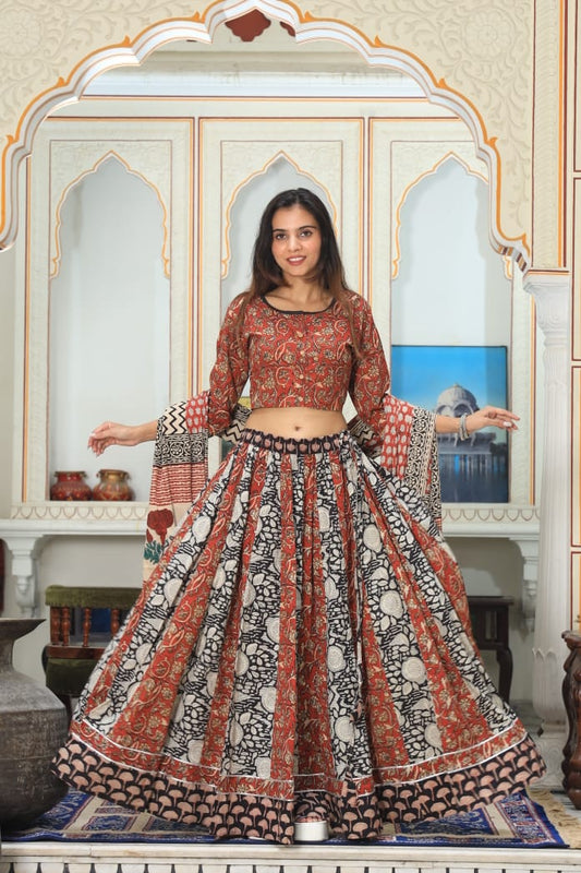 Bagru Handblock Printed CHANIYA CHOLI CROP TOP AND SKIRT WITH MULMUL DUPATTA