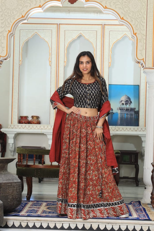 Bagru Handblock Printed CHANIYA CHOLI CROP TOP AND SKIRT WITH MULMUL DUPATTA