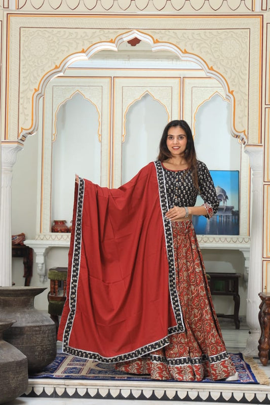 Bagru Handblock Printed CHANIYA CHOLI CROP TOP AND SKIRT WITH MULMUL DUPATTA