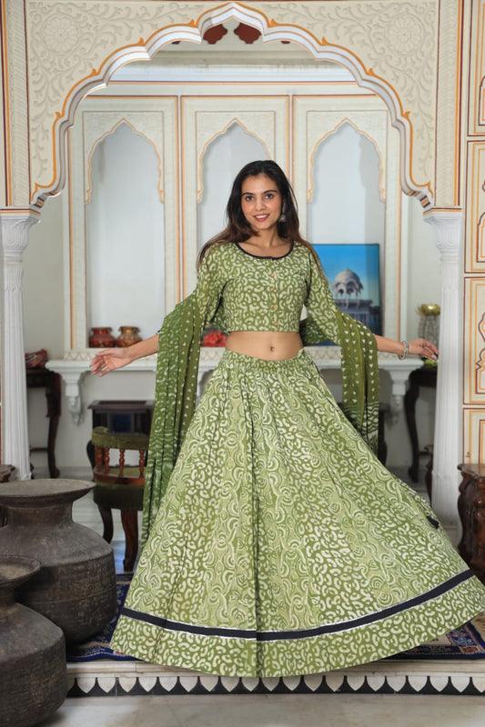 Bagru Handblock Printed CHANIYA CHOLI CROP TOP AND SKIRT WITH MULMUL DUPATTA