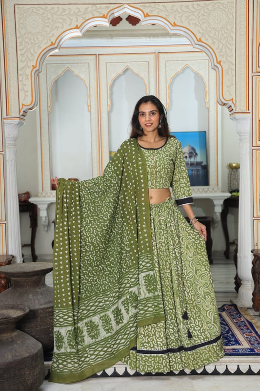 Bagru Handblock Printed CHANIYA CHOLI CROP TOP AND SKIRT WITH MULMUL DUPATTA