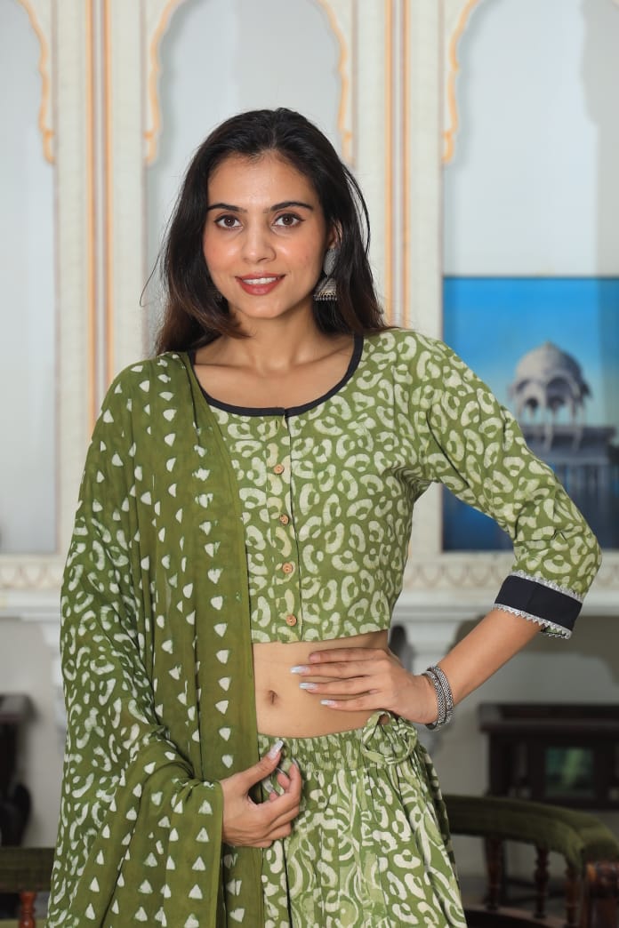 Bagru Handblock Printed CHANIYA CHOLI CROP TOP AND SKIRT WITH MULMUL DUPATTA