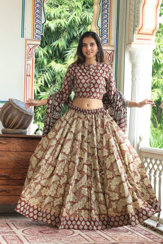 Bagru Handblock Printed CHANIYA CHOLI CROP TOP AND SKIRT WITH MULMUL DUPATTA