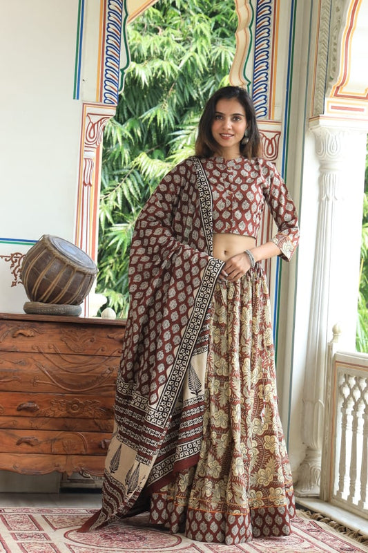 Bagru Handblock Printed CHANIYA CHOLI CROP TOP AND SKIRT WITH MULMUL DUPATTA