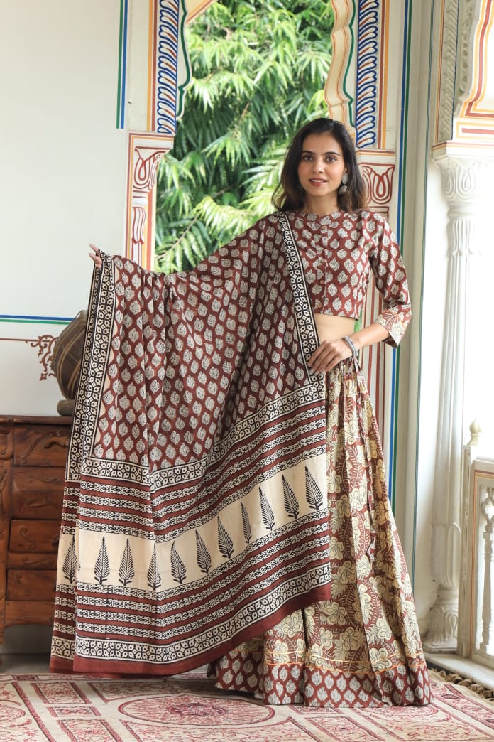 Bagru Handblock Printed CHANIYA CHOLI CROP TOP AND SKIRT WITH MULMUL DUPATTA
