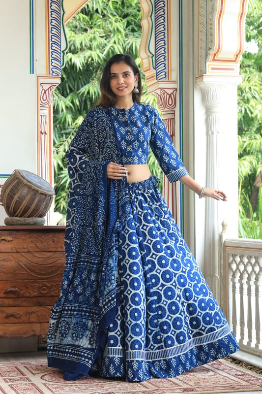 Bagru Handblock Printed CHANIYA CHOLI CROP TOP AND SKIRT WITH MULMUL DUPATTA