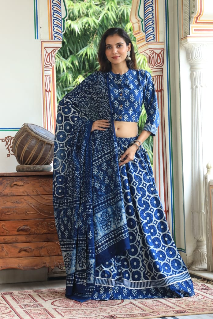 Bagru Handblock Printed CHANIYA CHOLI CROP TOP AND SKIRT WITH MULMUL DUPATTA