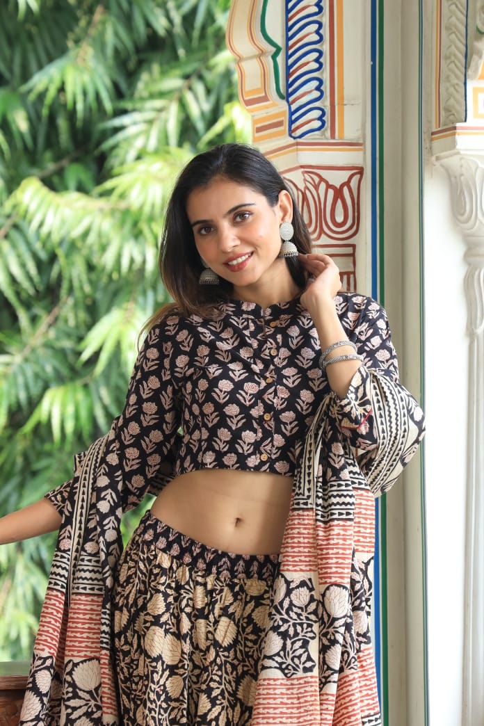 Bagru Handblock Printed CHANIYA CHOLI CROP TOP AND SKIRT WITH MULMUL DUPATTA