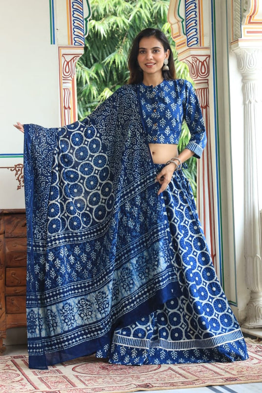 Bagru Handblock Printed CHANIYA CHOLI CROP TOP AND SKIRT WITH MULMUL DUPATTA