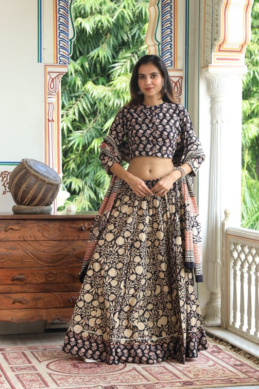 Bagru Handblock Printed CHANIYA CHOLI CROP TOP AND SKIRT WITH MULMUL DUPATTA