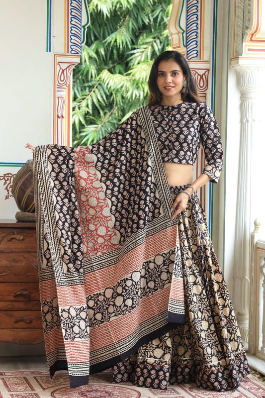 Bagru Handblock Printed CHANIYA CHOLI CROP TOP AND SKIRT WITH MULMUL DUPATTA