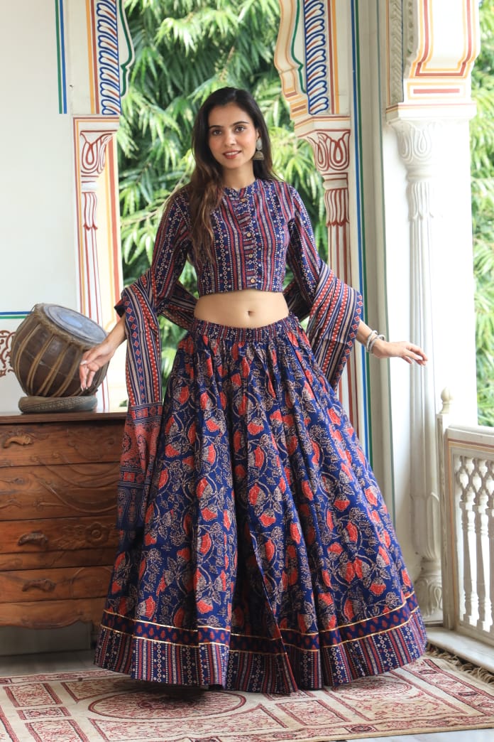 Bagru Handblock Printed CHANIYA CHOLI CROP TOP AND SKIRT WITH MULMUL DUPATTA