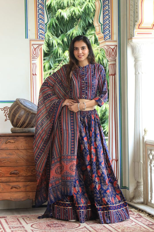 Bagru Handblock Printed CHANIYA CHOLI CROP TOP AND SKIRT WITH MULMUL DUPATTA