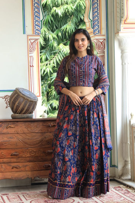 Bagru Handblock Printed CHANIYA CHOLI CROP TOP AND SKIRT WITH MULMUL DUPATTA