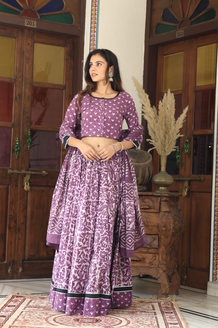 Bagru Handblock Printed CHANIYA CHOLI CROP TOP AND SKIRT WITH MULMUL DUPATTA