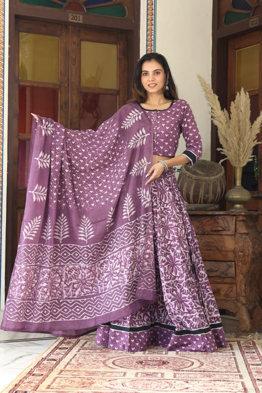 Bagru Handblock Printed CHANIYA CHOLI CROP TOP AND SKIRT WITH MULMUL DUPATTA