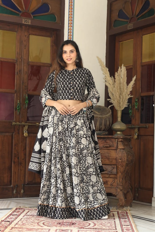 Bagru Handblock Printed CHANIYA CHOLI CROP TOP AND SKIRT WITH MULMUL DUPATTA