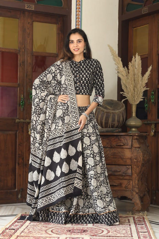 Bagru Handblock Printed CHANIYA CHOLI CROP TOP AND SKIRT WITH MULMUL DUPATTA