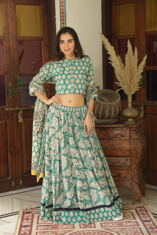 Bagru Handblock Printed CHANIYA CHOLI CROP TOP AND SKIRT WITH MULMUL DUPATTA