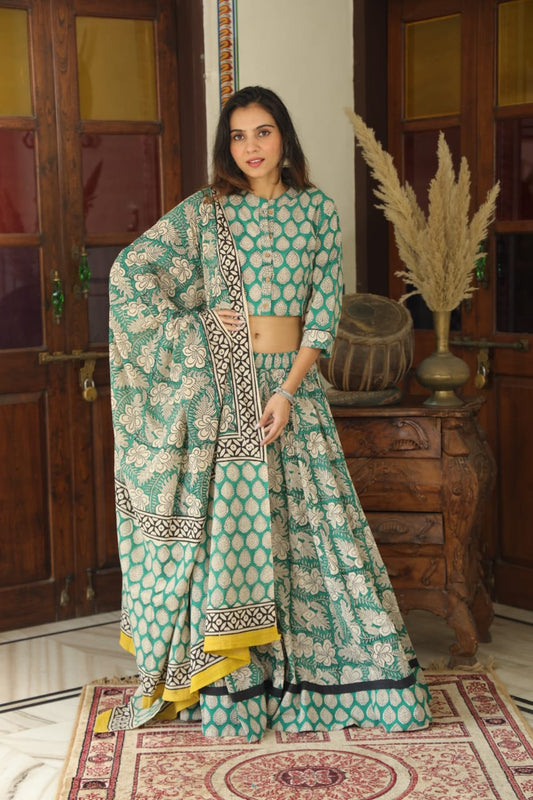 Bagru Handblock Printed CHANIYA CHOLI CROP TOP AND SKIRT WITH MULMUL DUPATTA