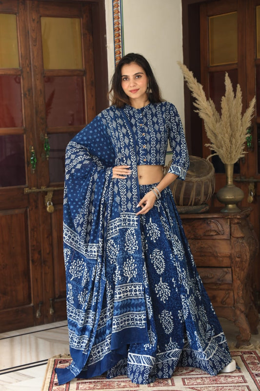 Bagru Handblock Printed CHANIYA CHOLI CROP TOP AND SKIRT WITH MULMUL DUPATTA