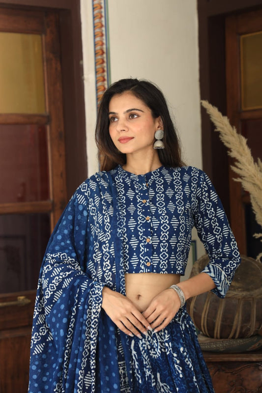 Bagru Handblock Printed CHANIYA CHOLI CROP TOP AND SKIRT WITH MULMUL DUPATTA