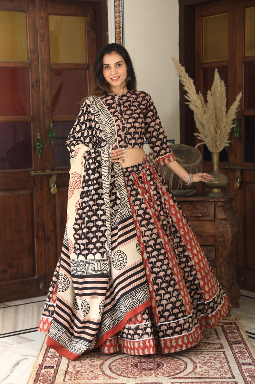 Bagru Handblock Printed CHANIYA CHOLI CROP TOP AND SKIRT WITH MULMUL DUPATTA