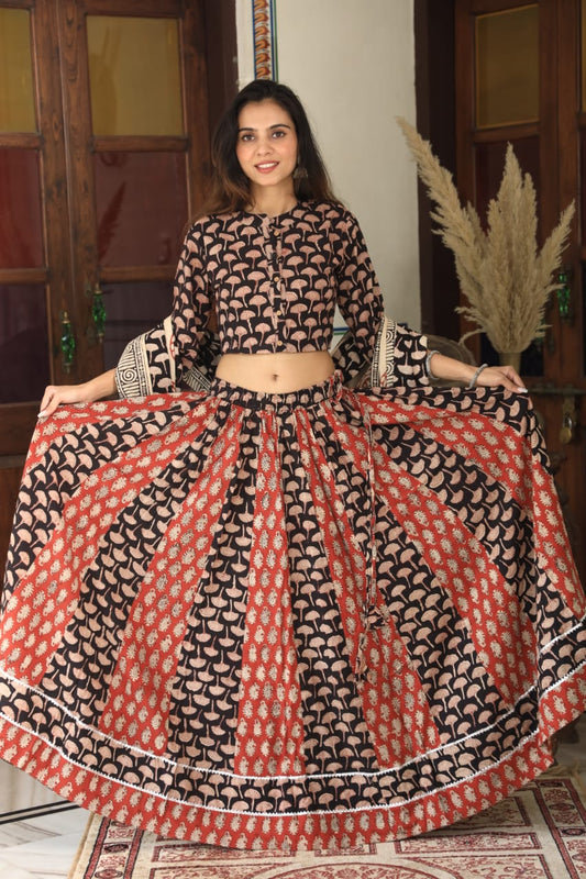 Bagru Handblock Printed CHANIYA CHOLI CROP TOP AND SKIRT WITH MULMUL DUPATTA