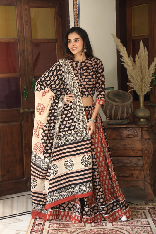 Bagru Handblock Printed CHANIYA CHOLI CROP TOP AND SKIRT WITH MULMUL DUPATTA