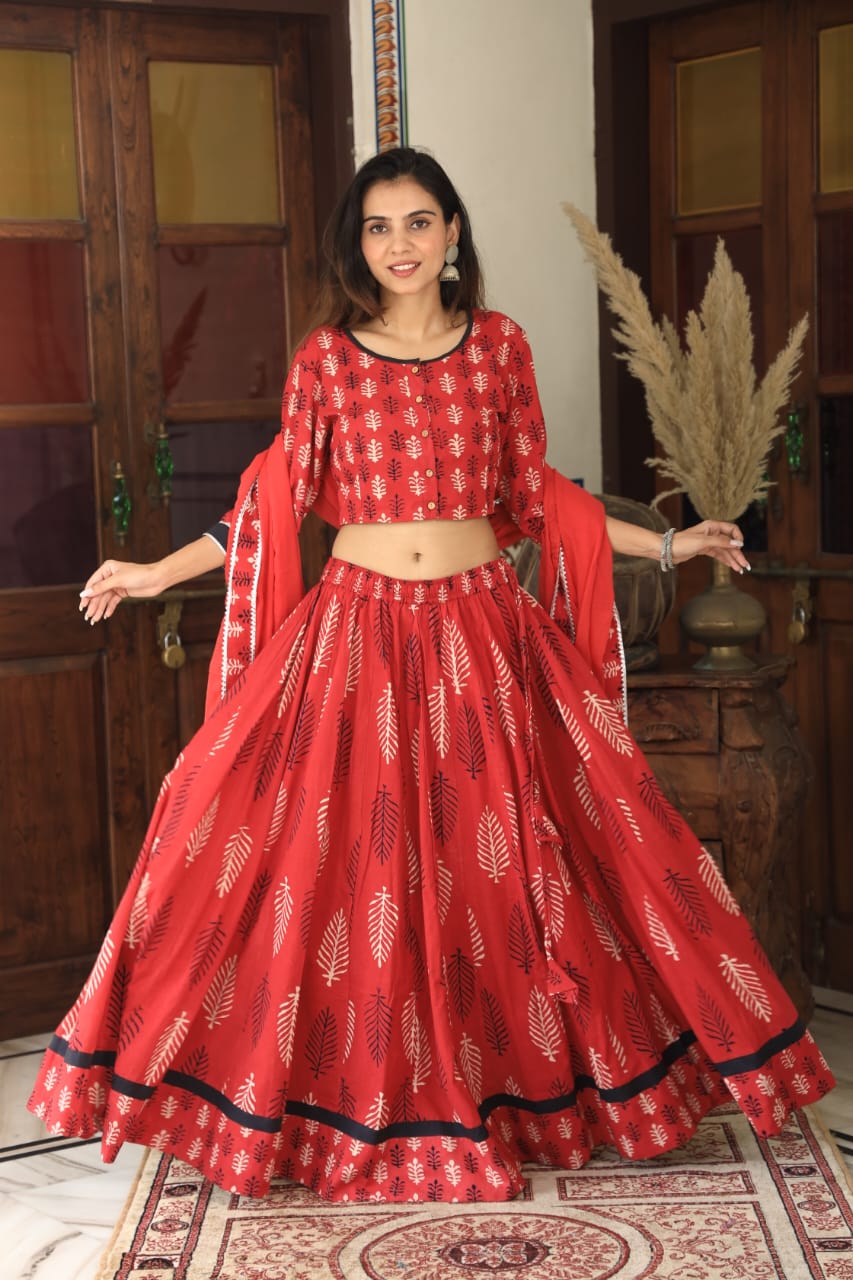 Bagru Handblock Printed CHANIYA CHOLI CROP TOP AND SKIRT WITH MULMUL DUPATTA
