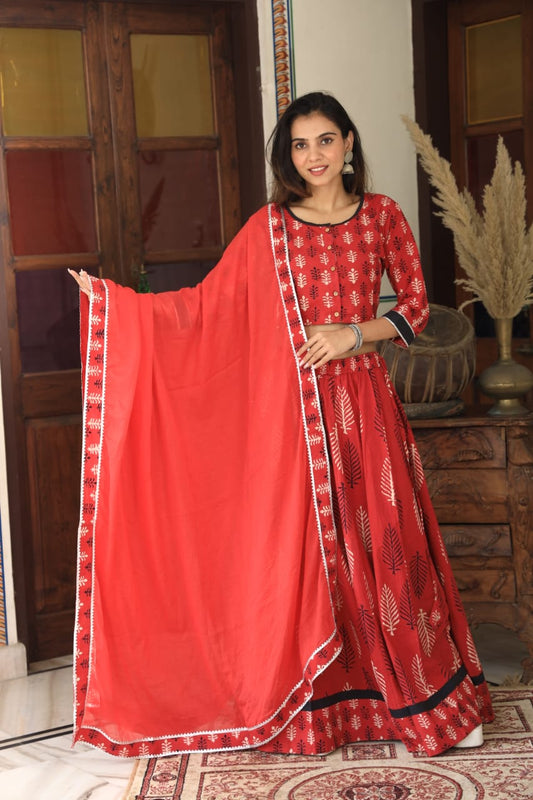 Bagru Handblock Printed CHANIYA CHOLI CROP TOP AND SKIRT WITH MULMUL DUPATTA