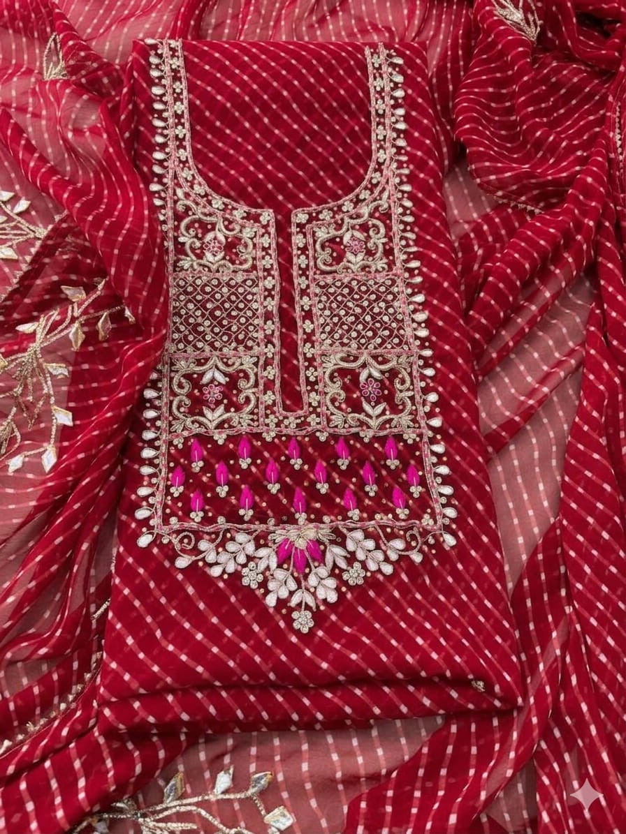 Red Leheriya Georgette Suit with Heavy Hand Embroidery | THE BHANKAR'S