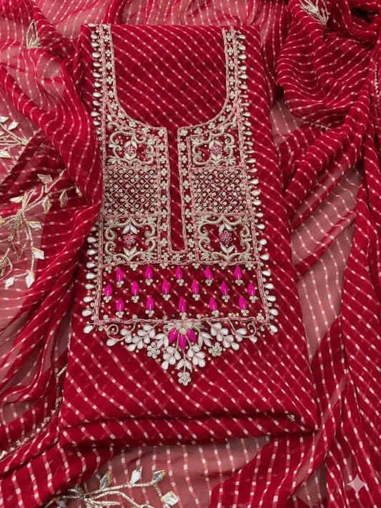 Red Leheriya Georgette Suit with Heavy Hand Embroidery | THE BHANKAR'S