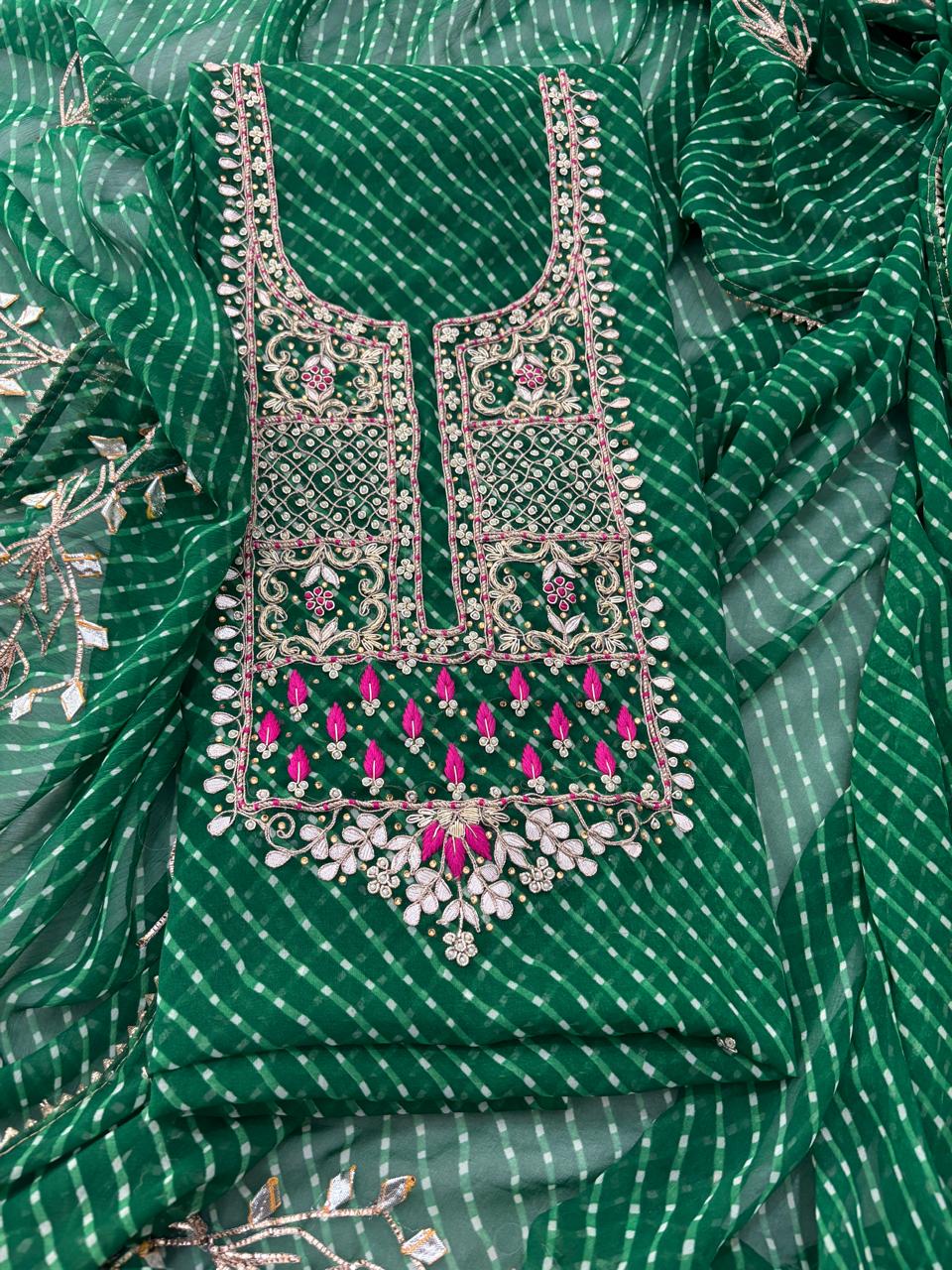 Festival Special Green Leheriya Georgette Suit with Heavy Hand Embroidery zardozi work | THE BHANKAR'S