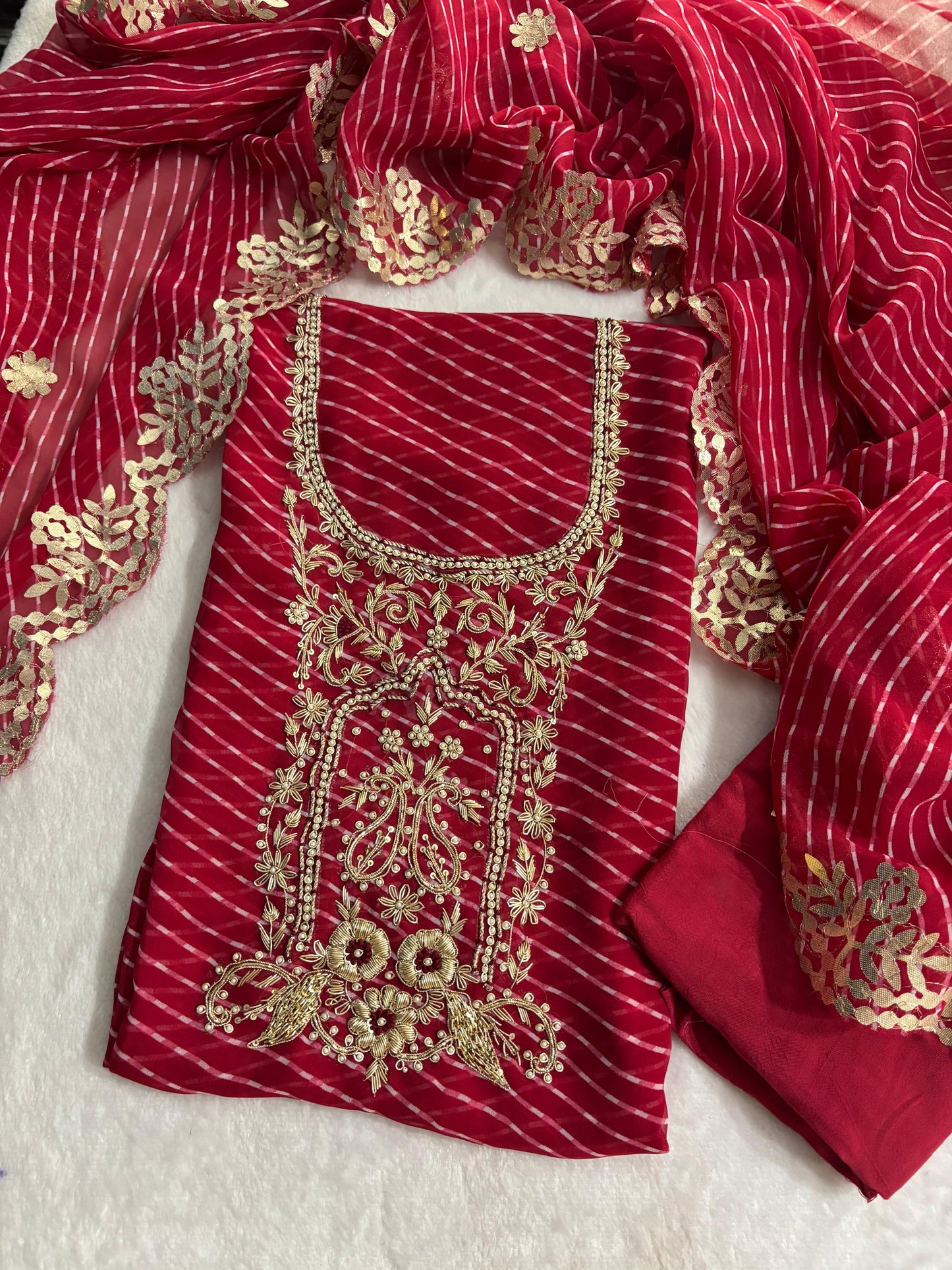 Festive Collection Bright Red Leheriya Georgette Suit with Heavy Hand Embroidery zardozi work | THE BHANKAR'S (Copy)