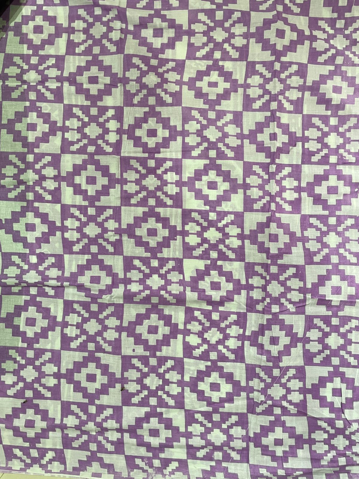 Black & Purple Handblock Printed Cotton Mulmul Saree with Blouse Piece