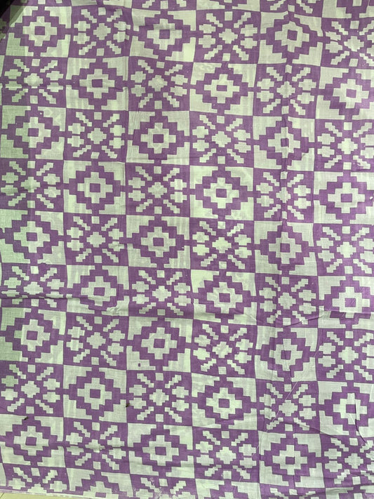 Black & Purple Handblock Printed Cotton Mulmul Saree with Blouse Piece