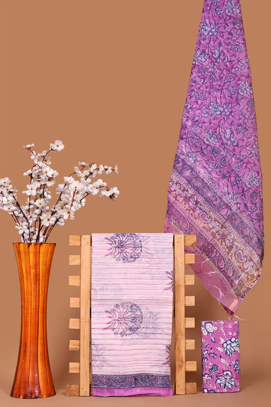 purple Handblock Printed Kota Doria Suit Material With Kota Doria Dupatta with Jari Border| The Bhankar's| RF