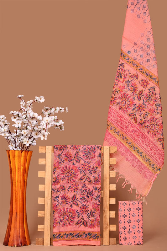 Floral Handblock Printed Kota Doria Suit Material With Kota Doria Dupatta with Jari Border | The Bhankar's| RF