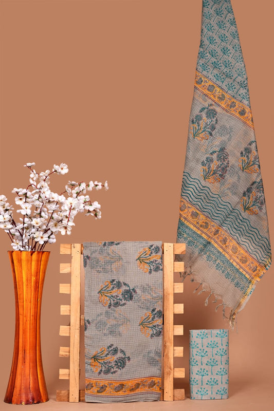 Handblock Printed Kota Doria Suit Material With Kota Doria Dupatta with Jari Border | The Bhankar's| RF