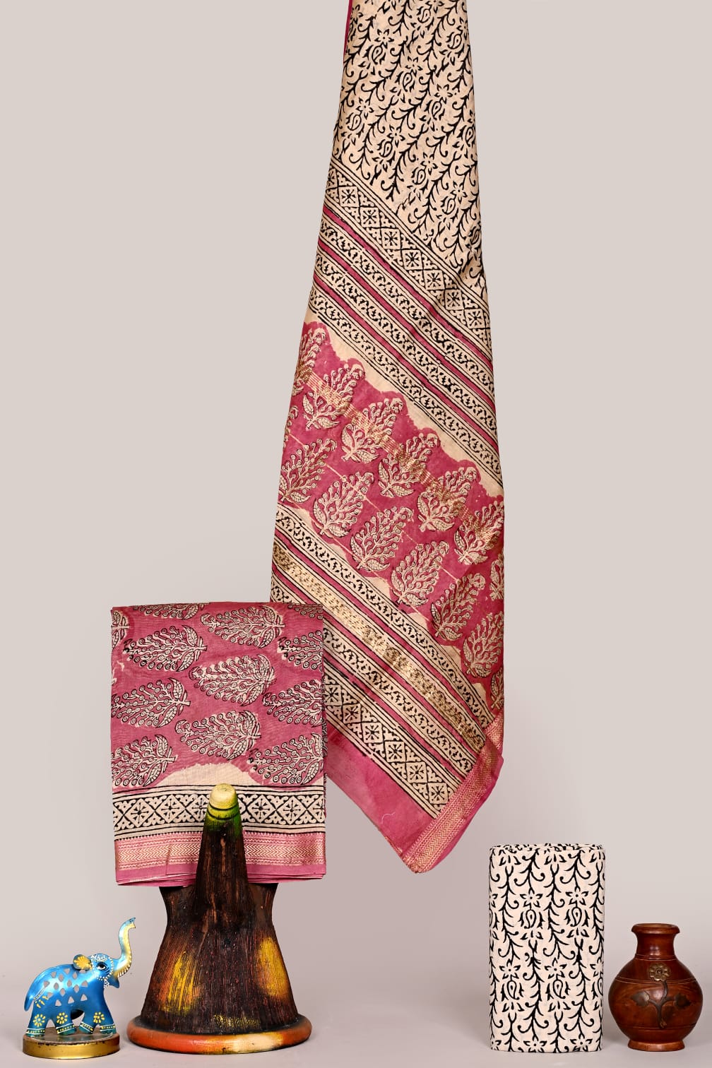 Pink Paisley Premium Maheshwari Silk Unstitched Suit with Cotton Bottom – Festive Ready | The Bhankar's | RF