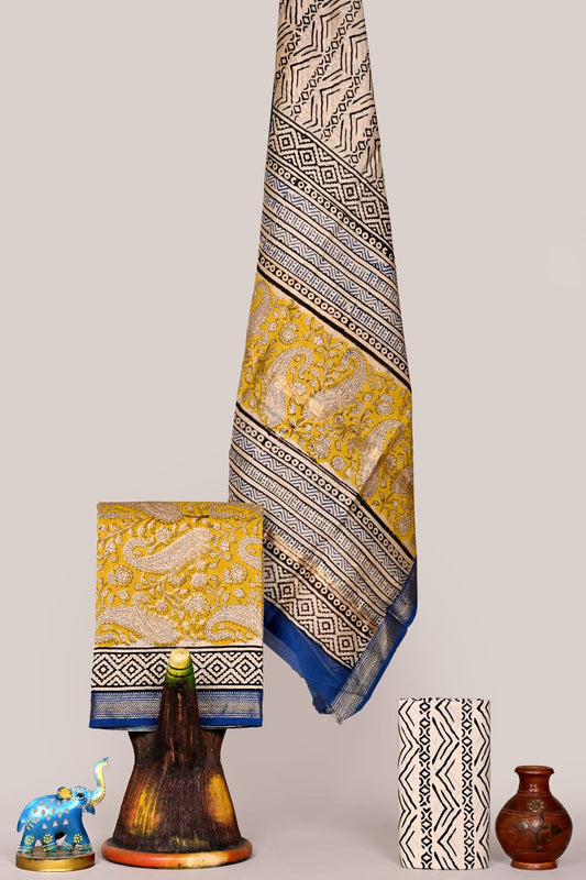 Bagru Natural Premium Maheshwari Silk Unstitched Suit with Cotton Bottom – Festive Ready | The Bhankar's | RF