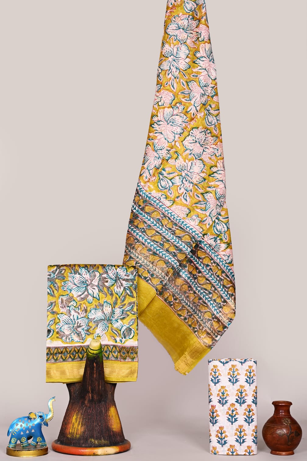 Rapid Handblock Printed Premium Maheshwari Silk Unstitched Suit with Cotton Bottom – Festive Ready | The Bhankar's | RF