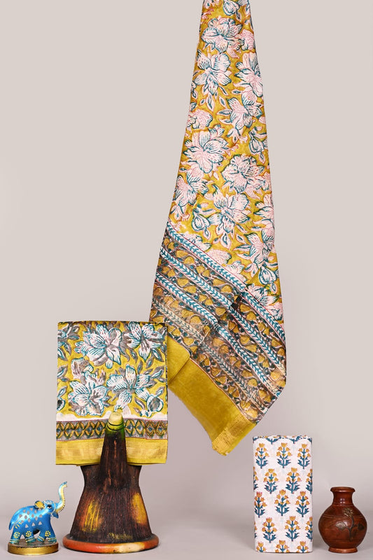Rapid Handblock Printed Premium Maheshwari Silk Unstitched Suit with Cotton Bottom โ Festive Ready | The Bhankar's | RF