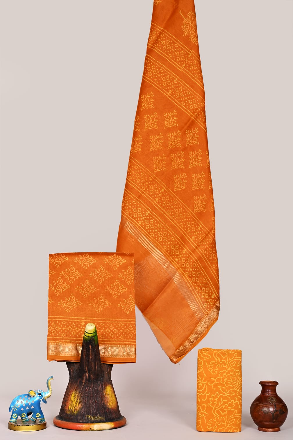 Traditional Handblock Printed Maheshwari Silk Unstitched Suit Set – Handloom Fabric & Cotton Bottom – Festive Ready | The Bhankar's | RF